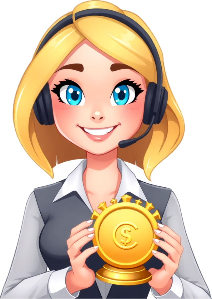 friendly female customer support agent wearing headset smiling, 3d cartoon style or realistic style, transparent background look, wearing business attire, holding a golden crown or coins